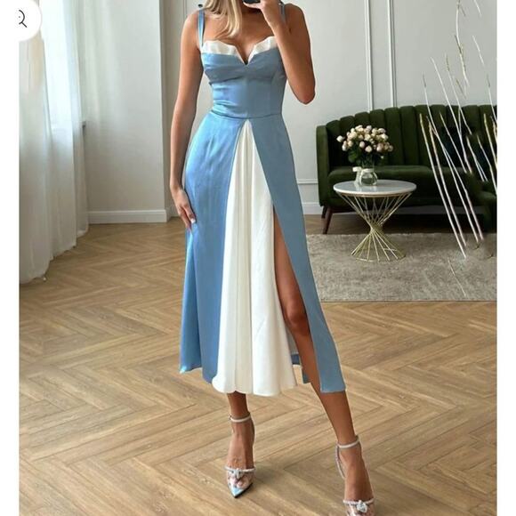 Allyson Front Slit Sleeveless Midi Dress in Blue & White - Picture 6 of 6